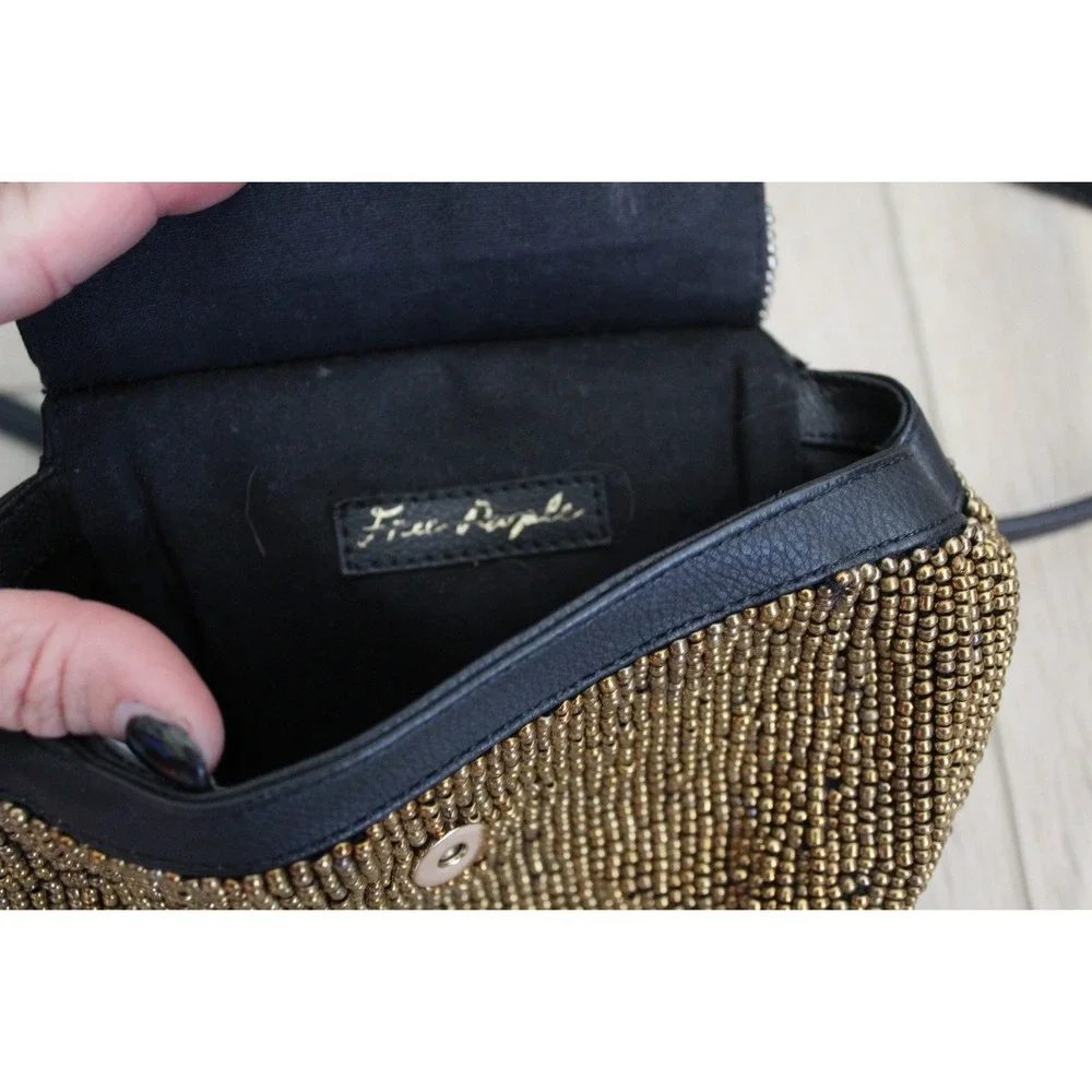 Free People Beaded Embellished Crossbody Bag Black Gold Pearl Crystal Boho Small